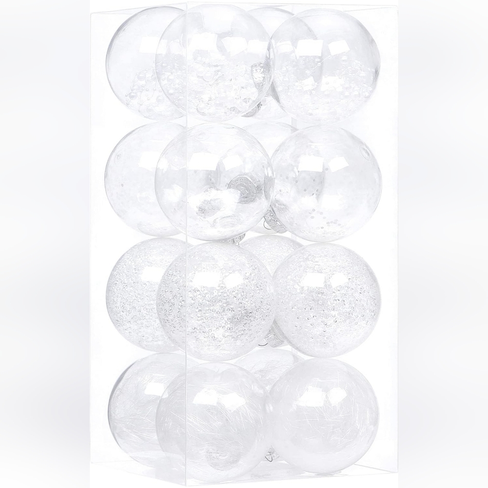Sea Team Shatterproof Clear Plastic Christmas Ball Ornaments 16 Pack NEW 100mm